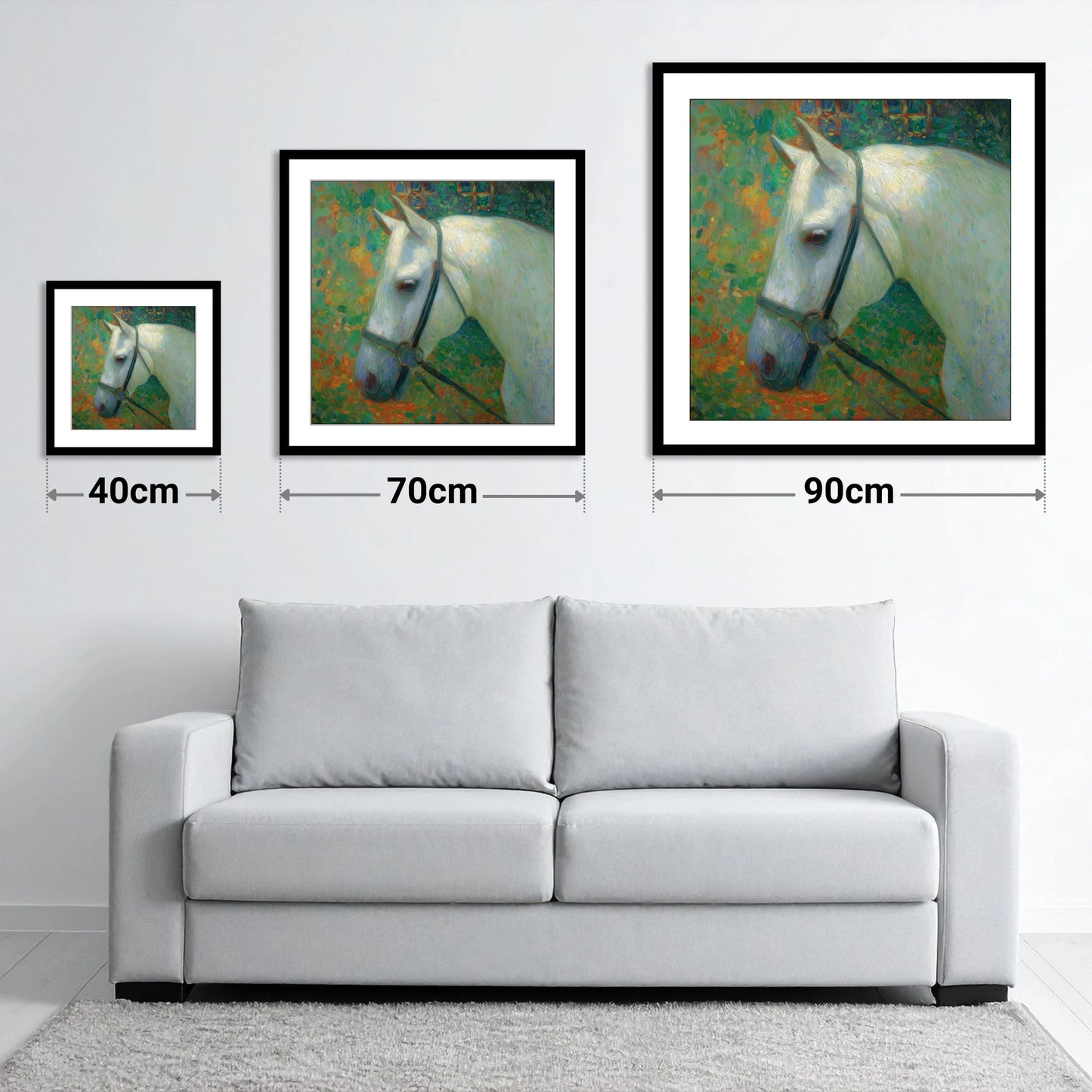 Radiant Grey Portrait - size guide showing 40cm, 70cm and 90cm art prints