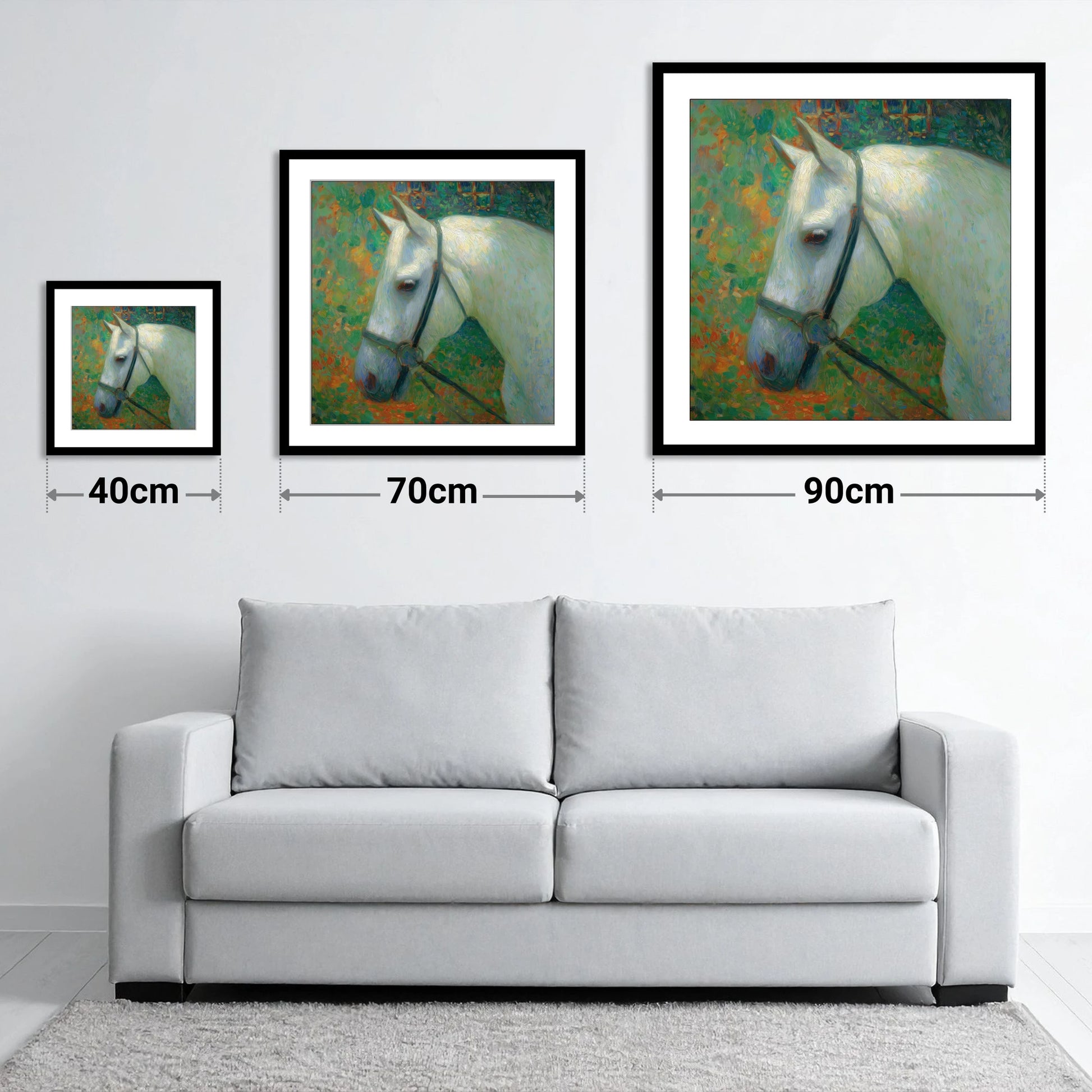 Radiant Grey Portrait - size guide showing 40cm, 70cm and 90cm art prints