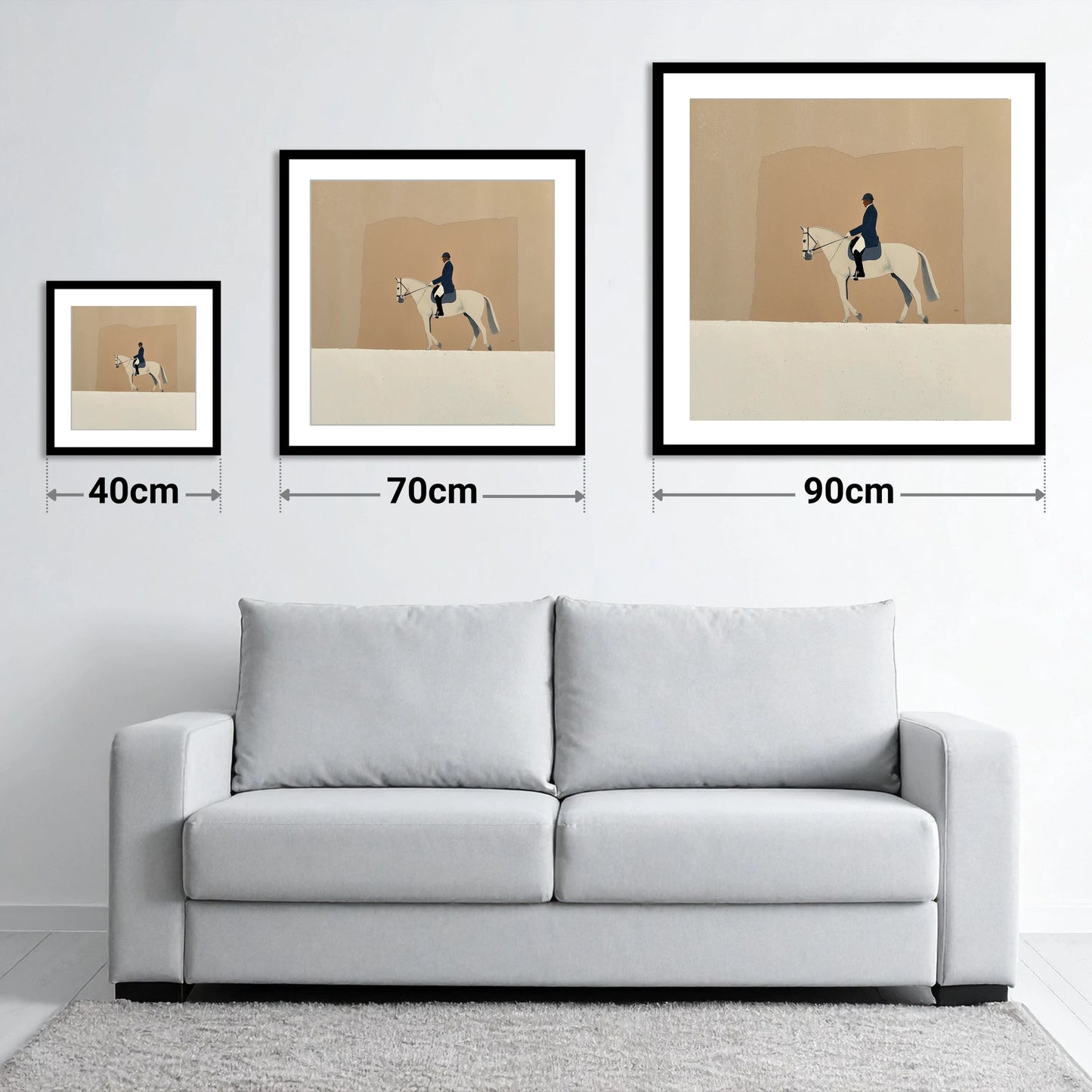 The Collected Grey - size guide showing 40cm, 70cm and 90cm art prints