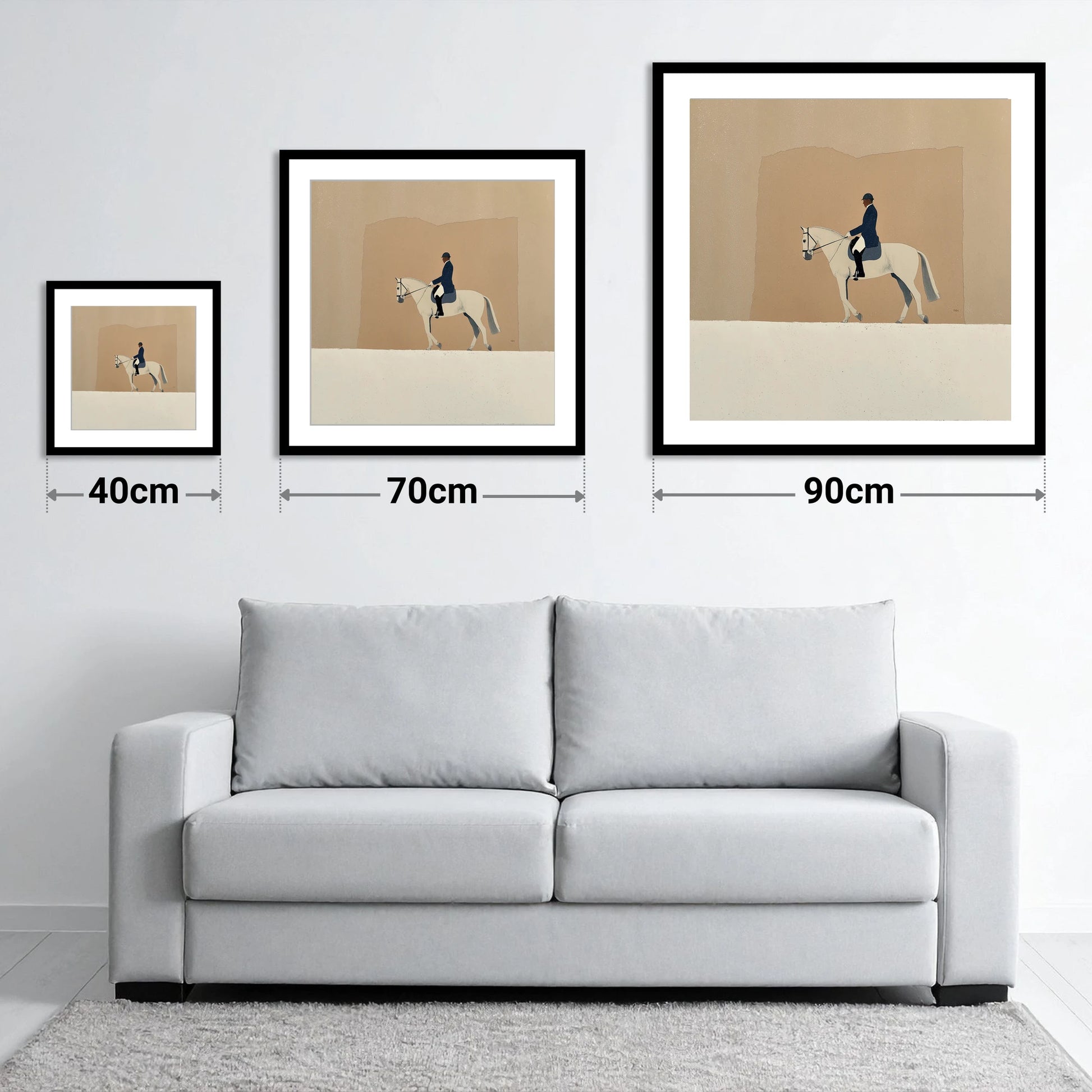 The Collected Grey - size guide showing 40cm, 70cm and 90cm art prints