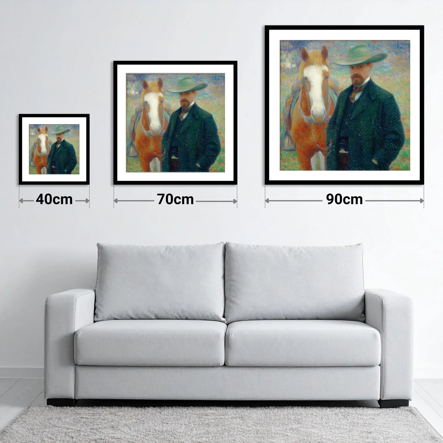 The Western Horseman - size guide showing 40cm, 70cm and 90cm art prints