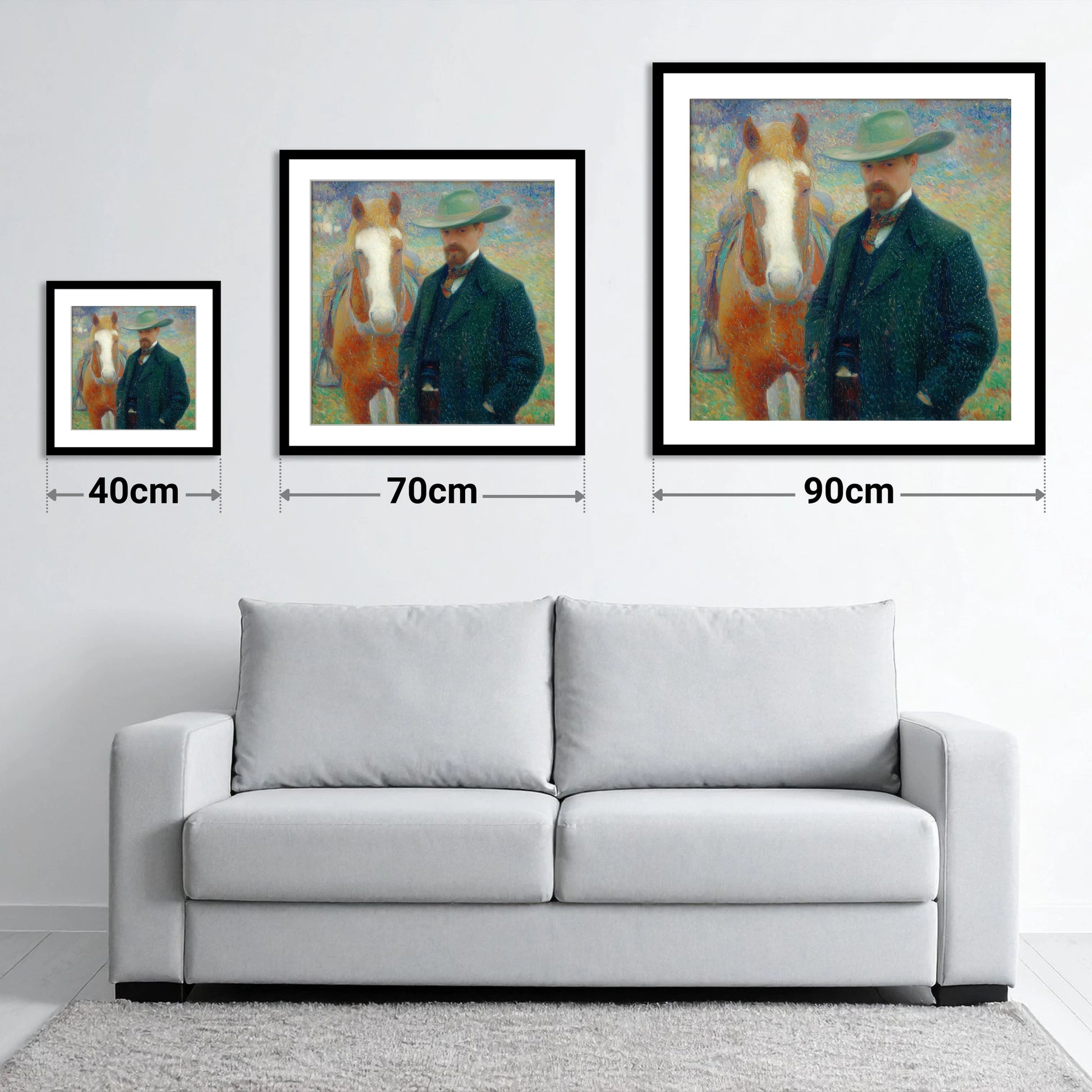 The Western Horseman - size guide showing 40cm, 70cm and 90cm art prints