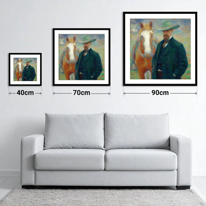 The Western Horseman - size guide showing 40cm, 70cm and 90cm art prints