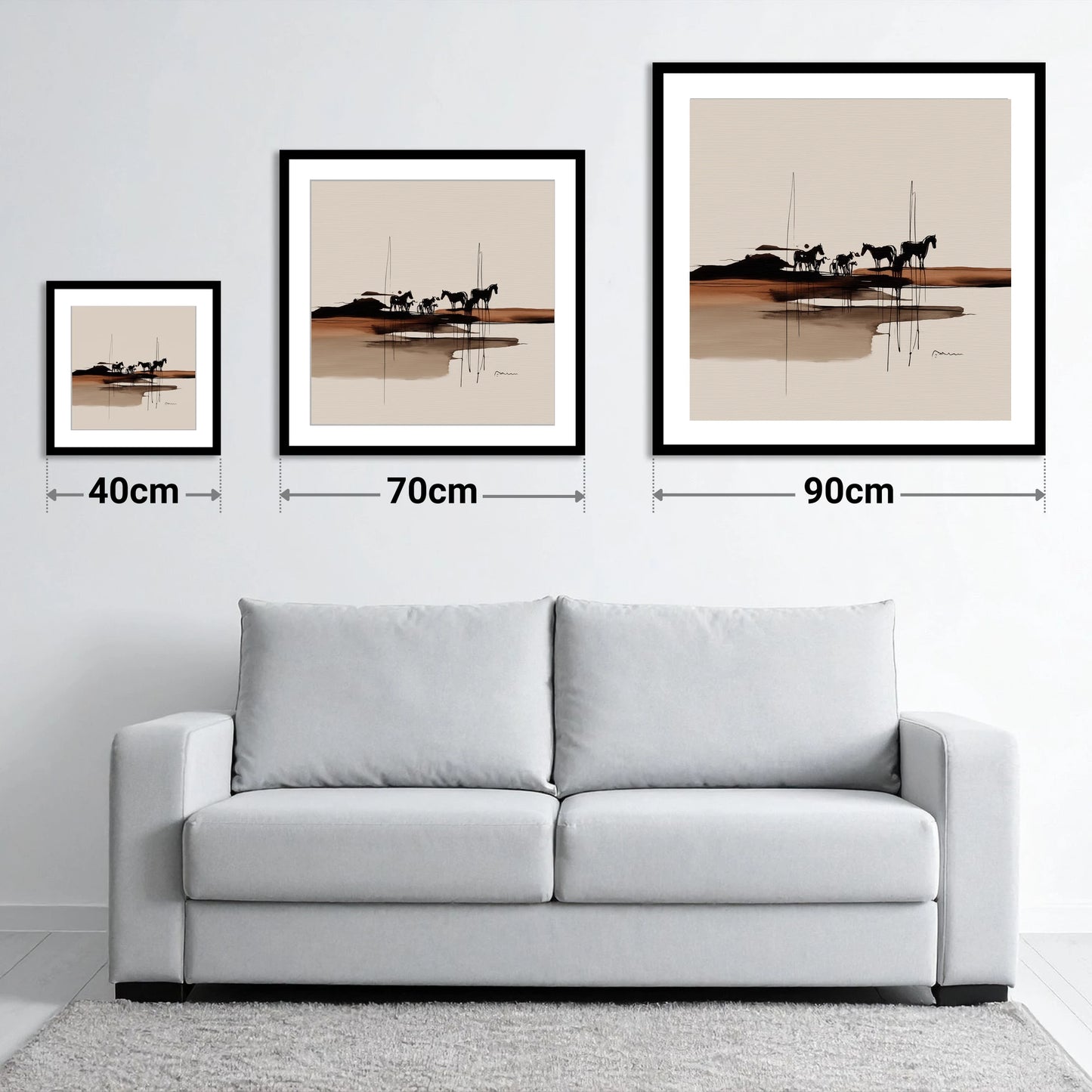 Herd on the Horizon - size guide showing 40cm, 70cm and 90cm art prints