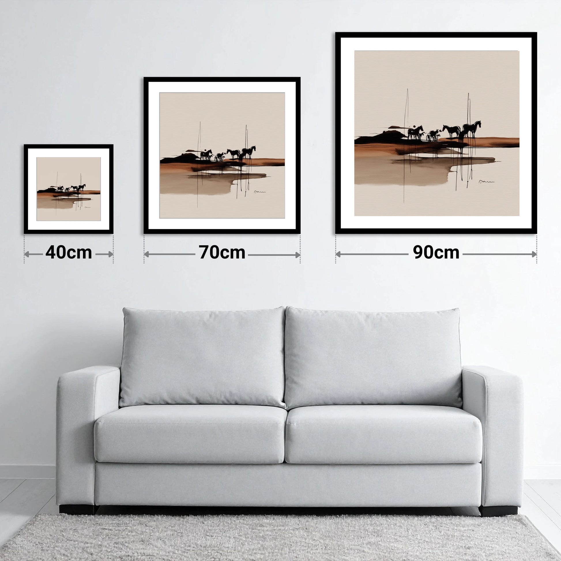 Herd on the Horizon - size guide showing 40cm, 70cm and 90cm art prints