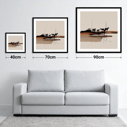 Herd on the Horizon - size guide showing 40cm, 70cm and 90cm art prints