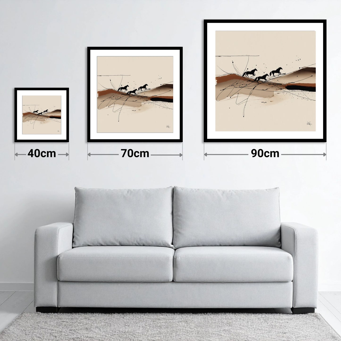 Abstract Sepia Gallop - size guide showing 40cm, 70cm and 90cm art prints