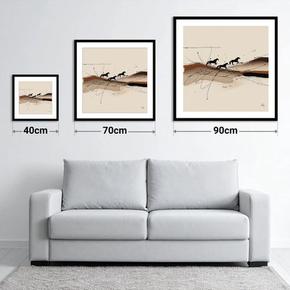 Abstract Sepia Gallop - size guide showing 40cm, 70cm and 90cm art prints