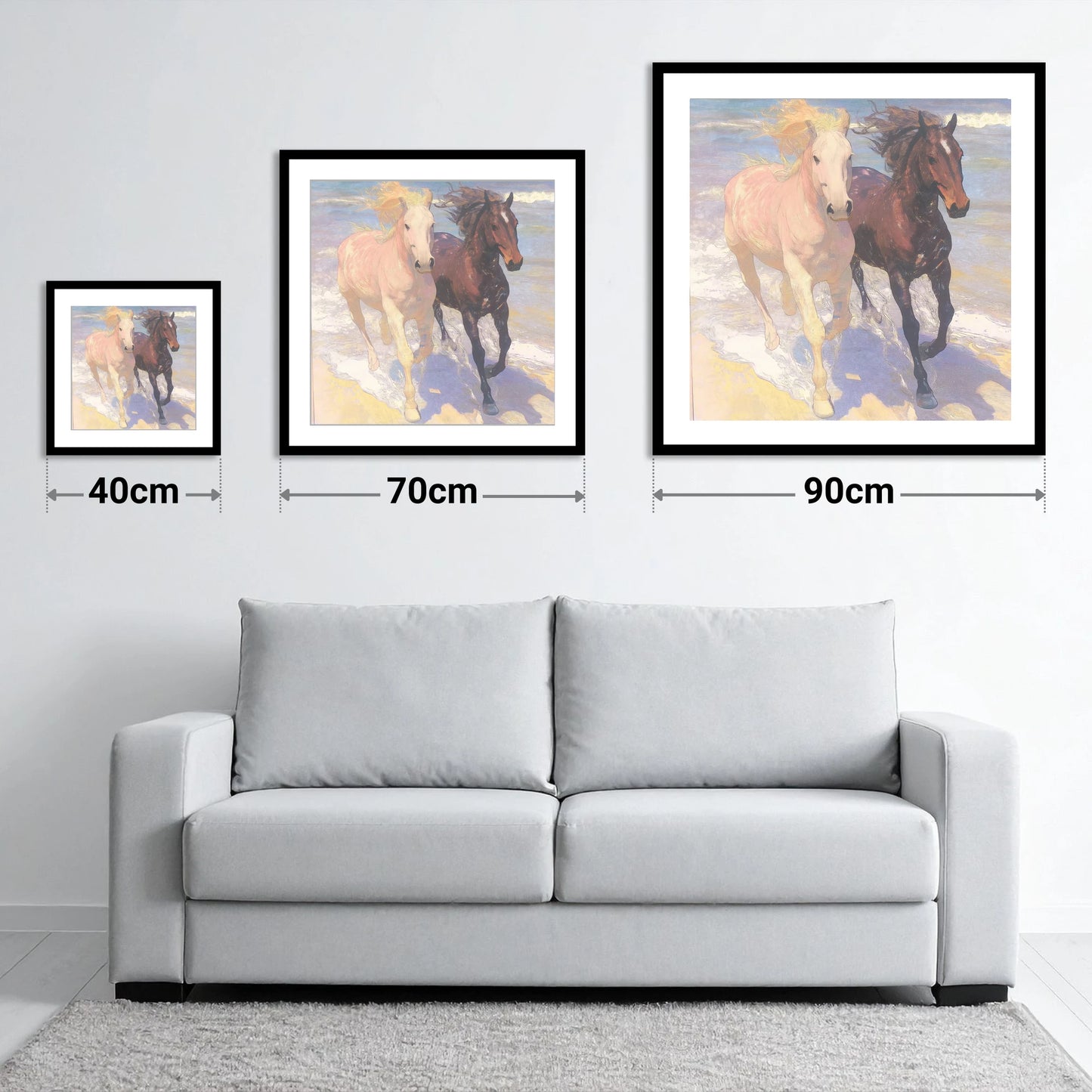 Ethereal Shoreline Canter - size guide showing 40cm, 70cm and 90cm art prints