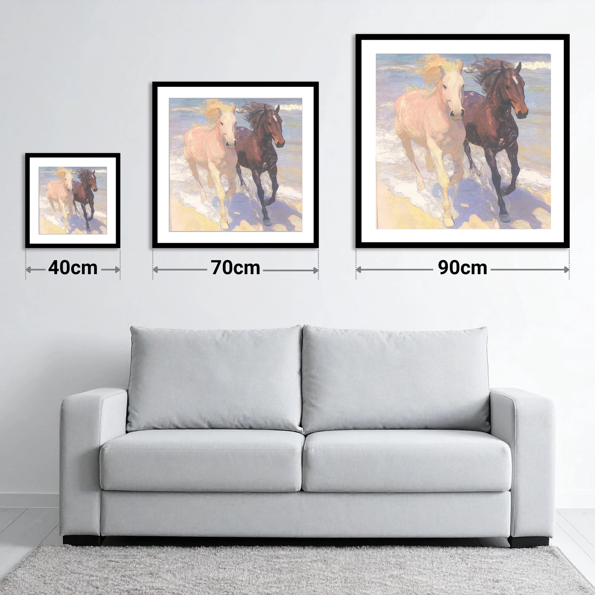 Ethereal Shoreline Canter - size guide showing 40cm, 70cm and 90cm art prints