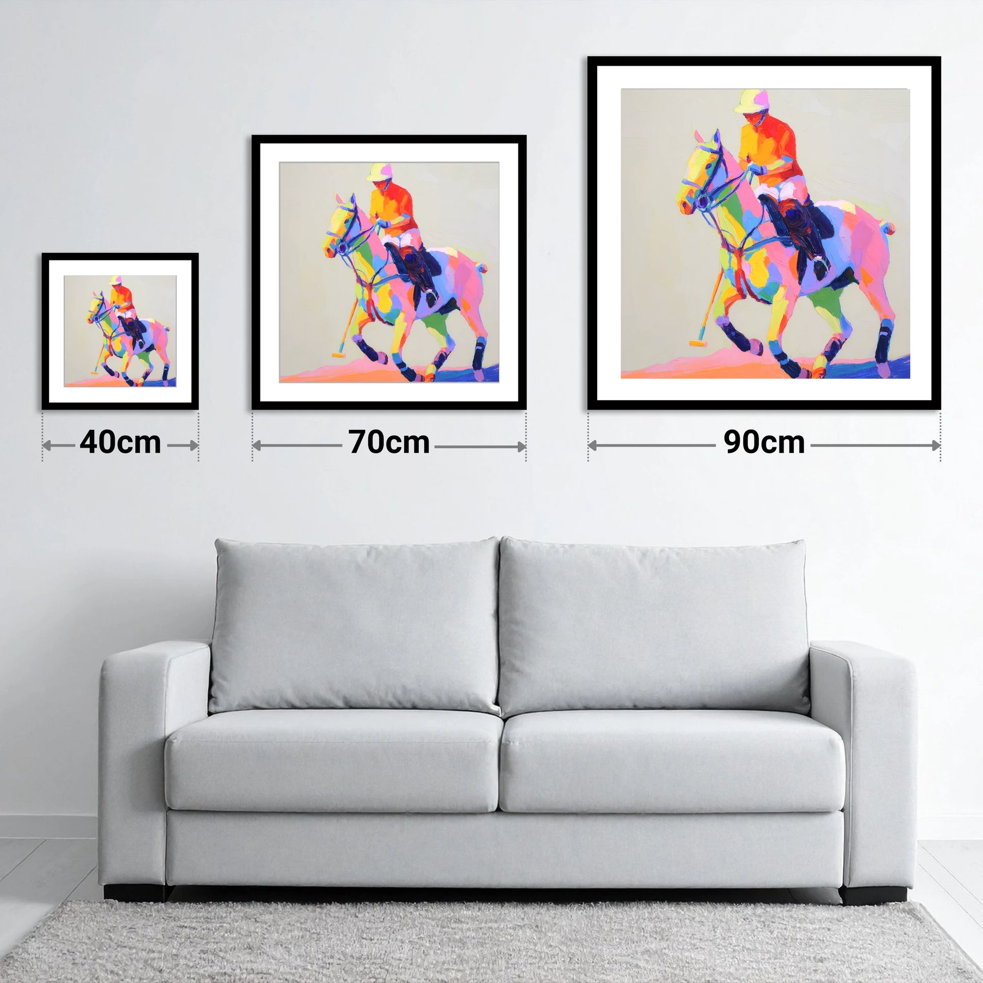 Vibrant Polo Pace - size guide showing 40cm, 70cm and 90cm art prints