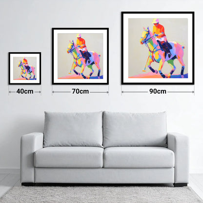 Vibrant Polo Pace - size guide showing 40cm, 70cm and 90cm art prints