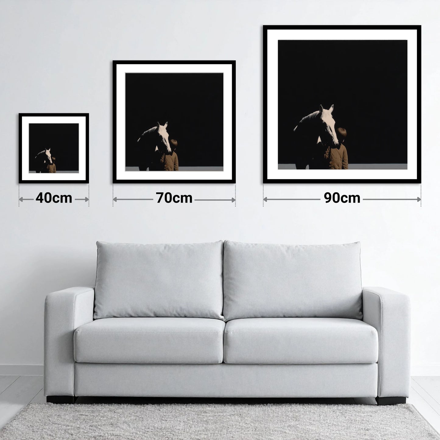 The Silent Bond - size guide showing 40cm, 70cm and 90cm art prints