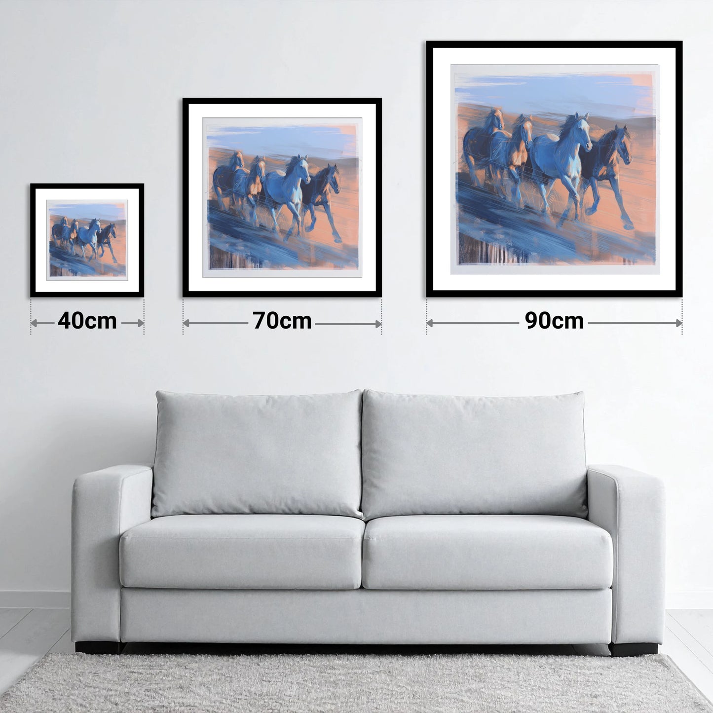 Cobalt Horizon Herd - size guide showing 40cm, 70cm and 90cm art prints