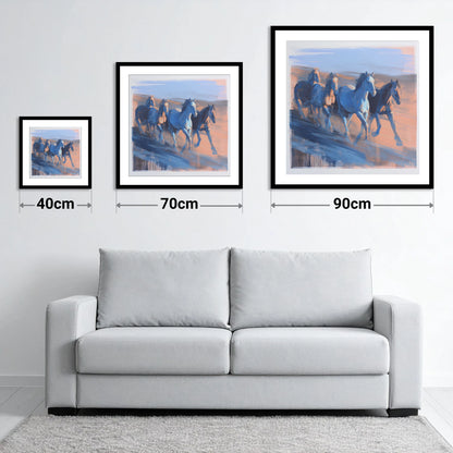 Cobalt Horizon Herd - size guide showing 40cm, 70cm and 90cm art prints