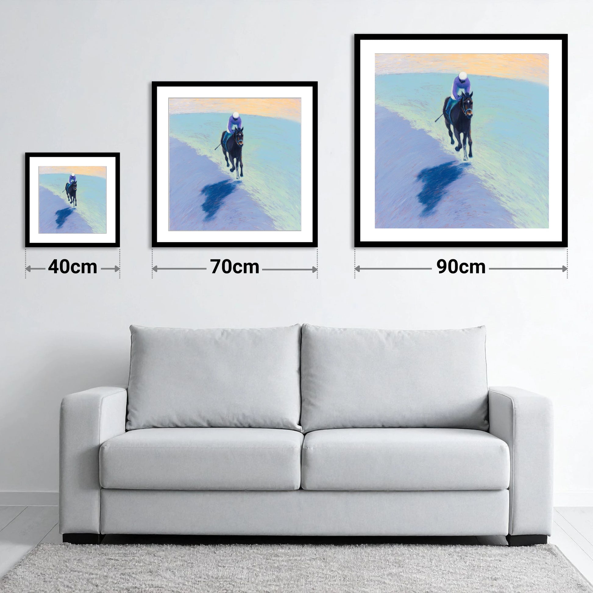 Morning On The Gallops - size guide showing 40cm, 70cm and 90cm art prints