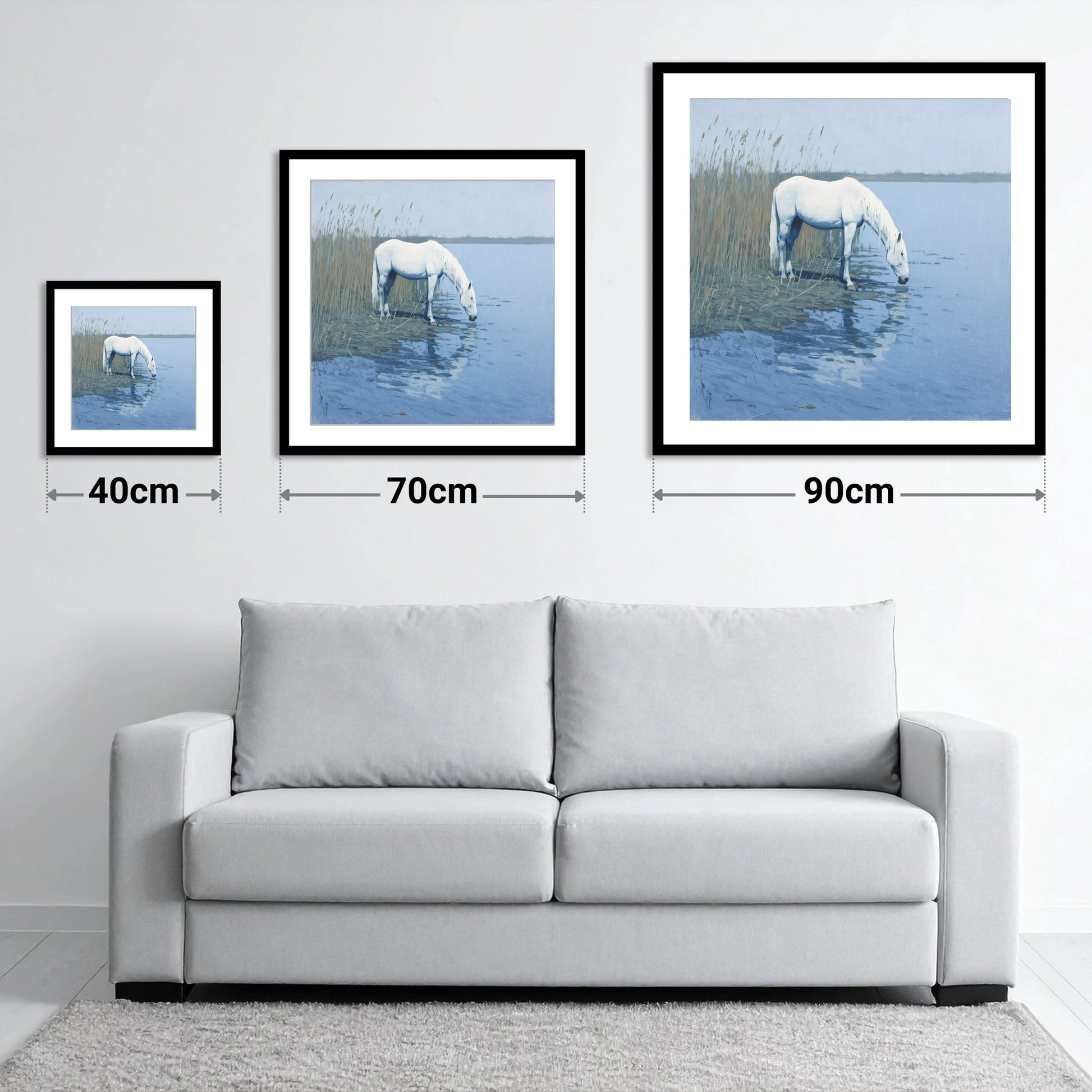 Quiet Marshland Waters - size guide showing 40cm, 70cm and 90cm art prints
