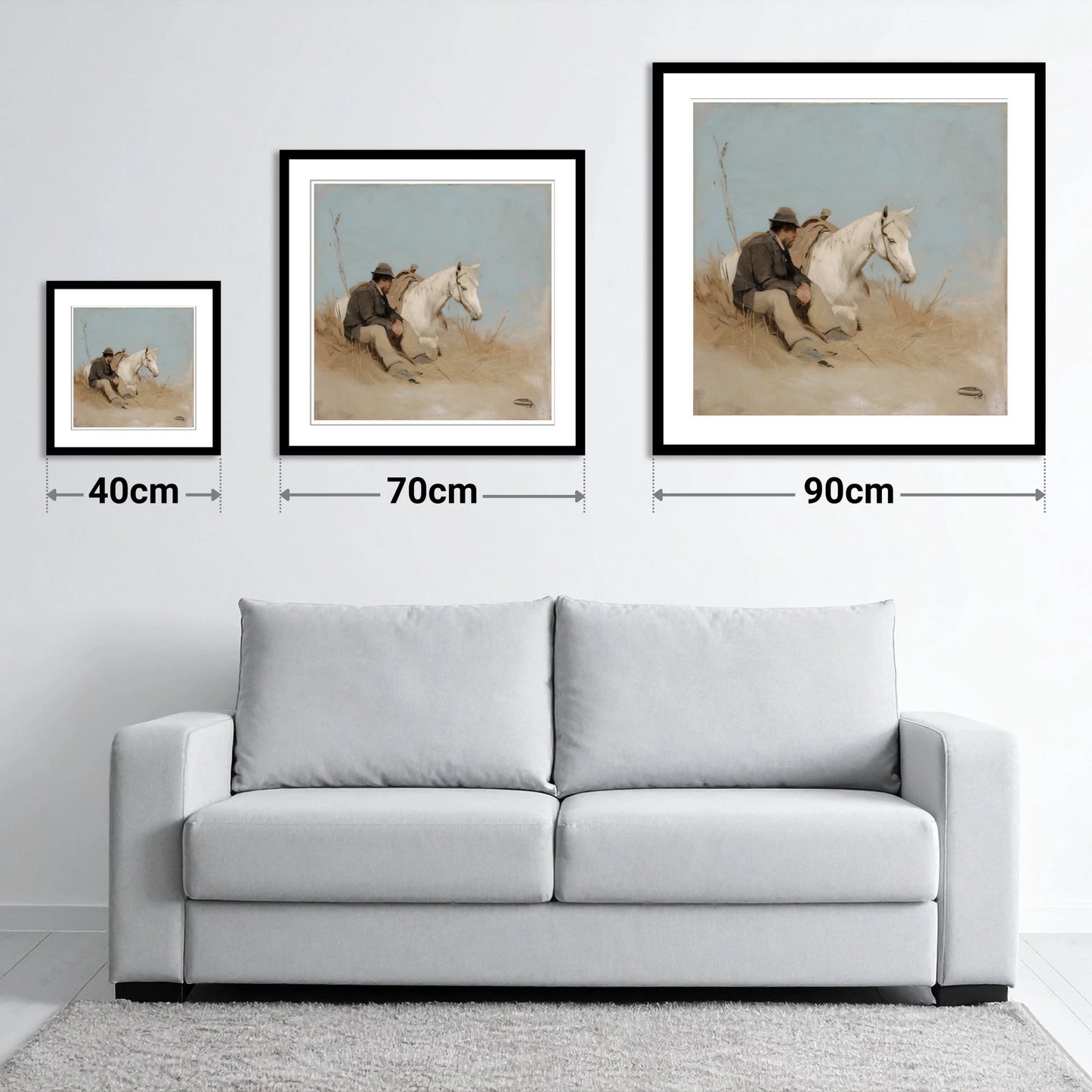 The Journey's Pause - size guide showing 40cm, 70cm and 90cm art prints