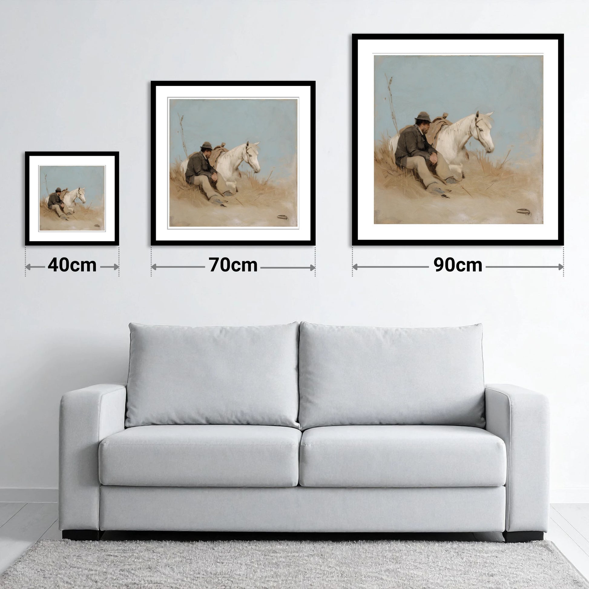 The Journey's Pause - size guide showing 40cm, 70cm and 90cm art prints