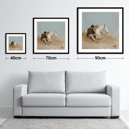 The Journey's Pause - size guide showing 40cm, 70cm and 90cm art prints