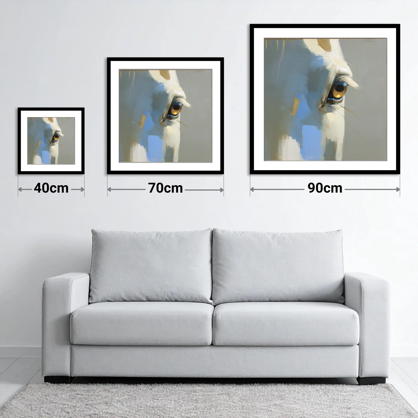 Gilded Gaze Portrait - size guide showing 40cm, 70cm and 90cm art prints