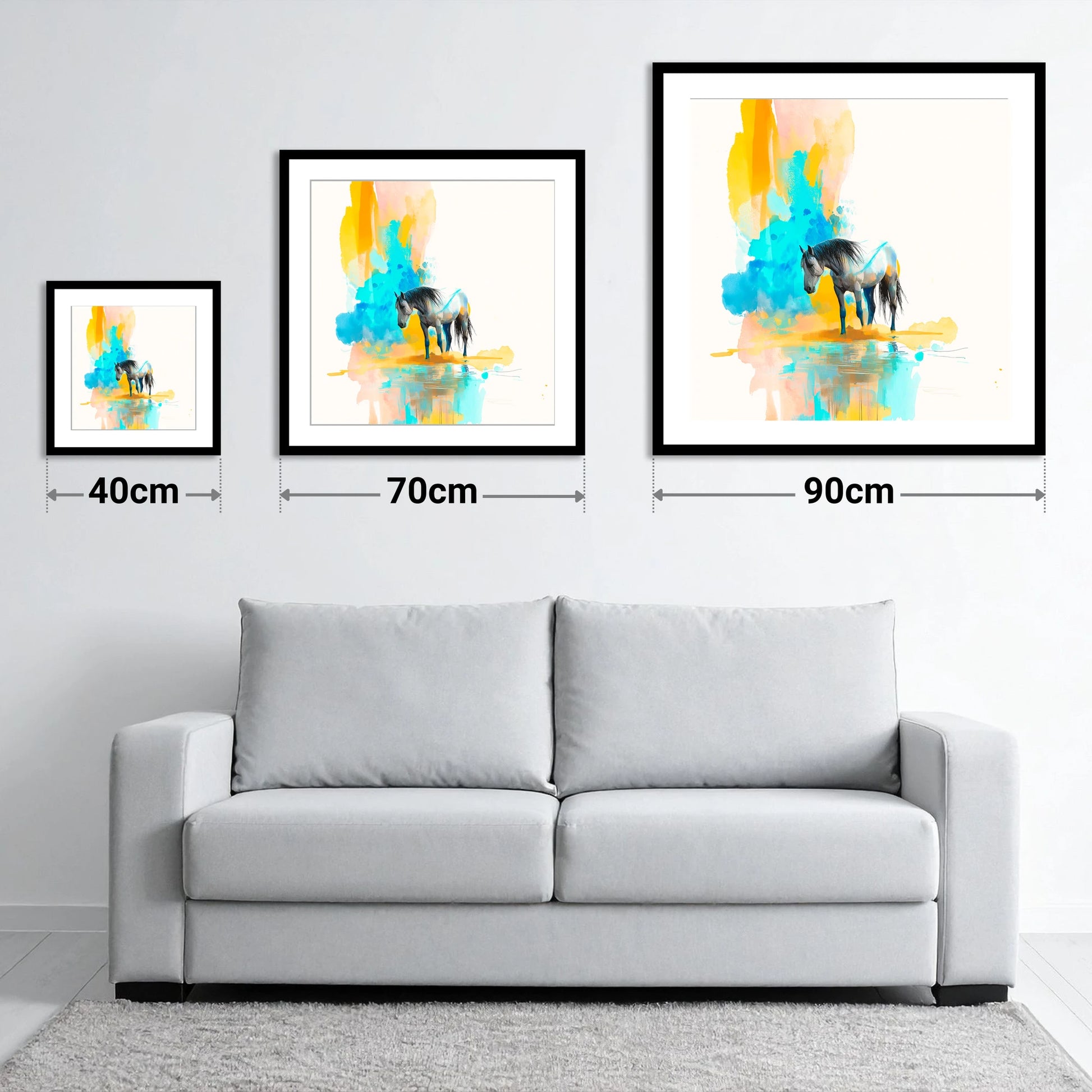Vibrant Grey Reflection - size guide showing 40cm, 70cm and 90cm art prints