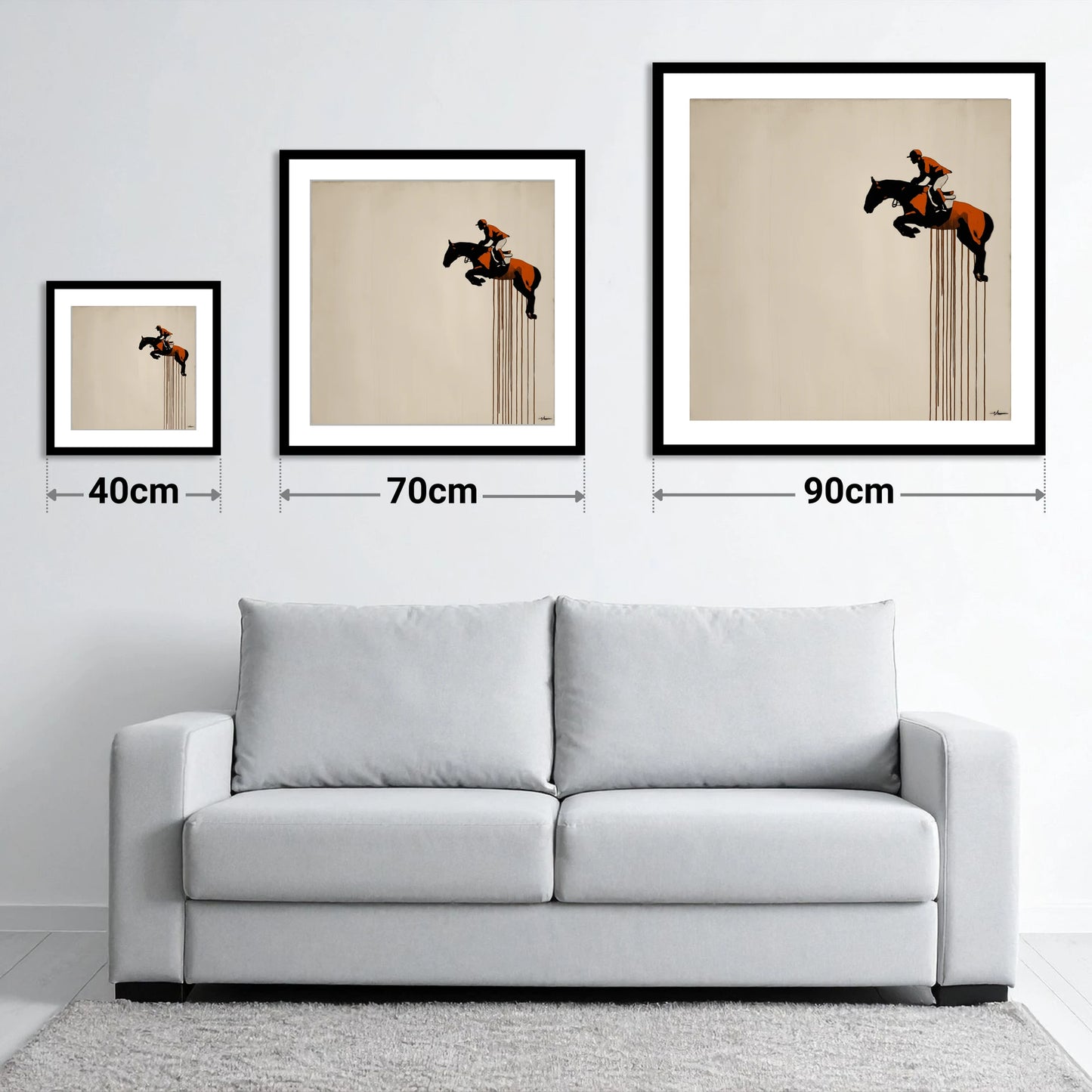 Suspended Flight - size guide showing 40cm, 70cm and 90cm art prints