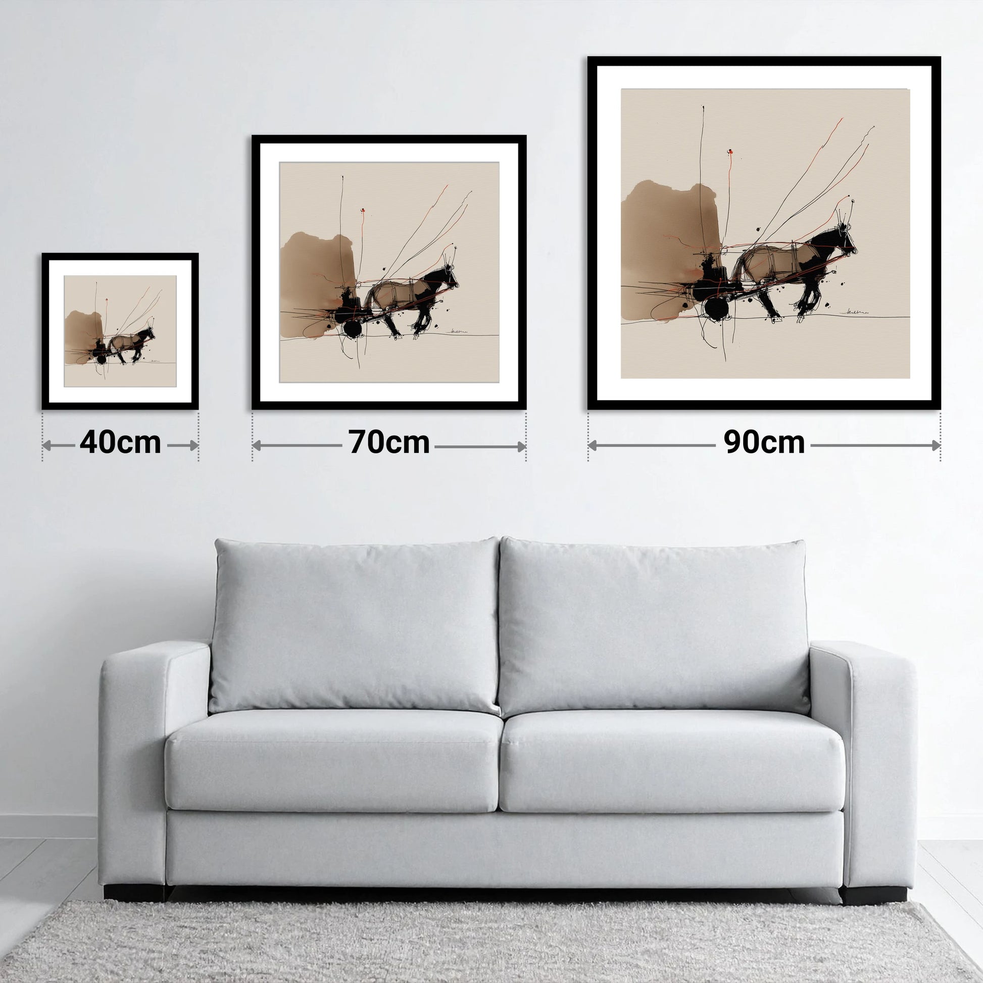 Harnessed Motion - size guide showing 40cm, 70cm and 90cm art prints