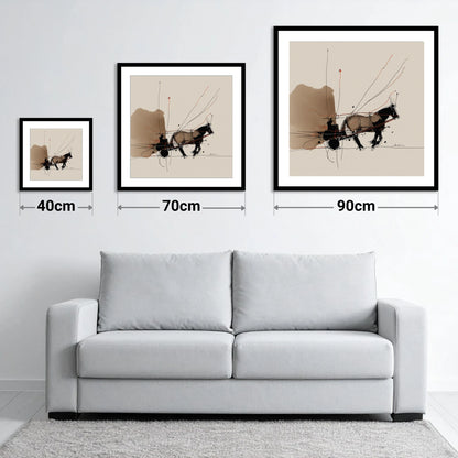 Harnessed Motion - size guide showing 40cm, 70cm and 90cm art prints