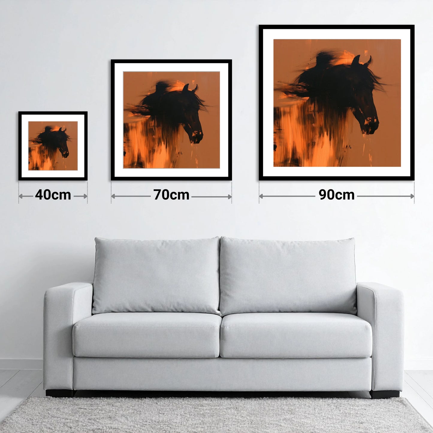 Black Horse Silhouette on Amber - size guide showing 40cm, 70cm and 90cm art prints