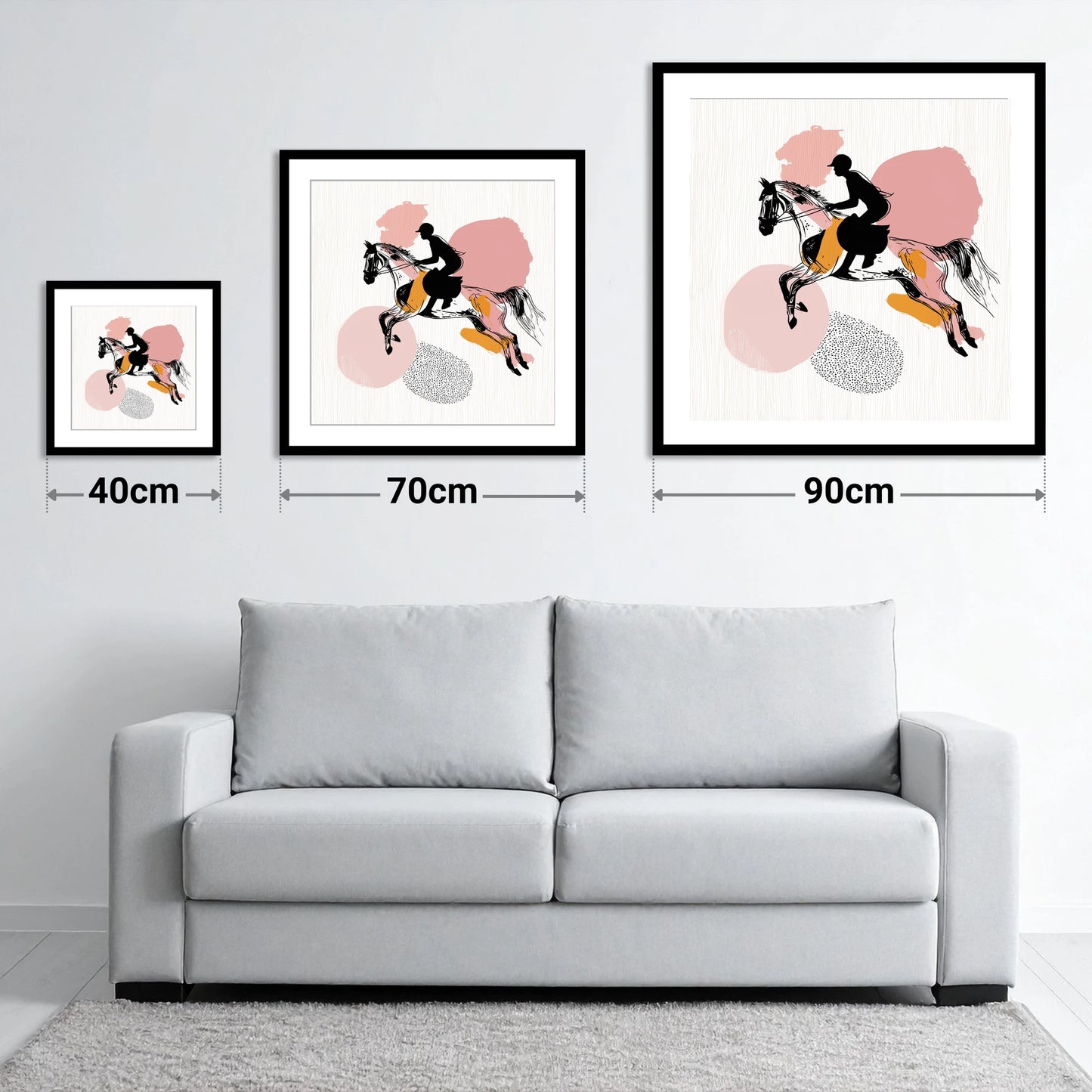 Abstract Equine Flight - size guide showing 40cm, 70cm and 90cm art prints