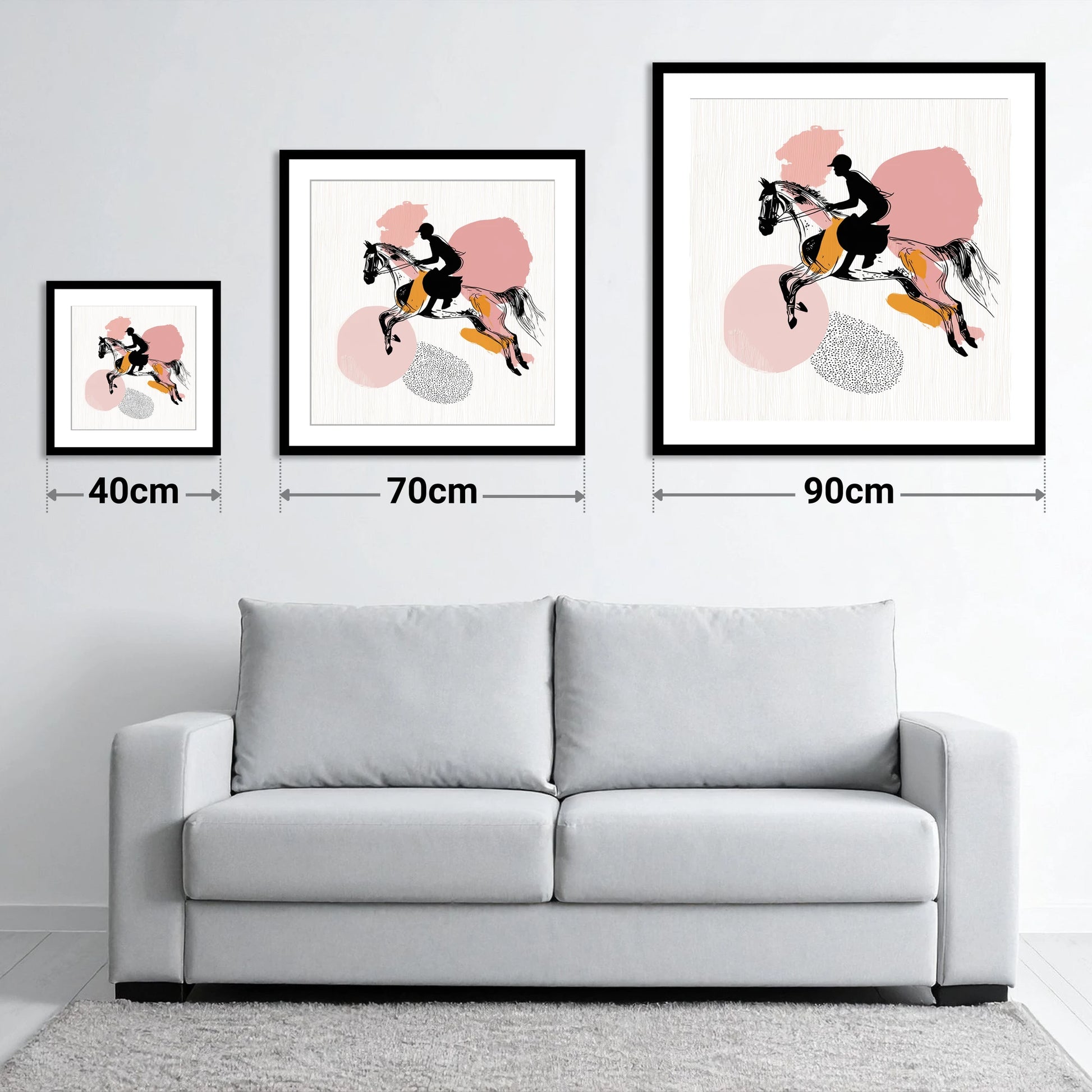 Abstract Equine Flight - size guide showing 40cm, 70cm and 90cm art prints