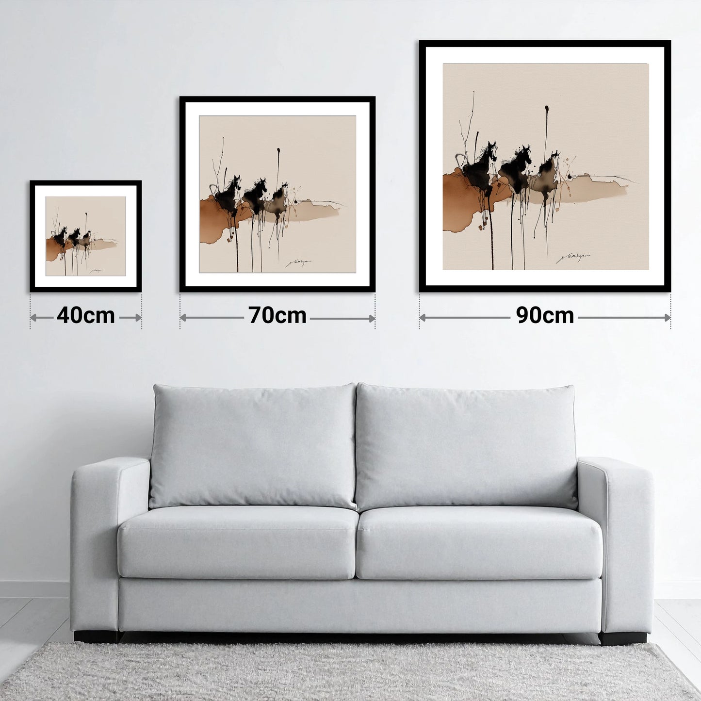 Wild Shadows - size guide showing 40cm, 70cm and 90cm art prints