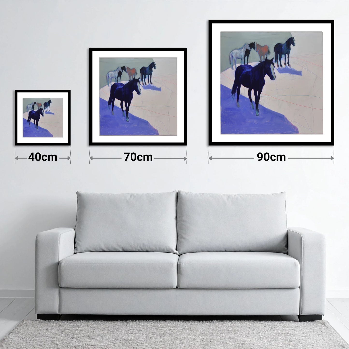 Abstract Herd in Blue - size guide showing 40cm, 70cm and 90cm art prints