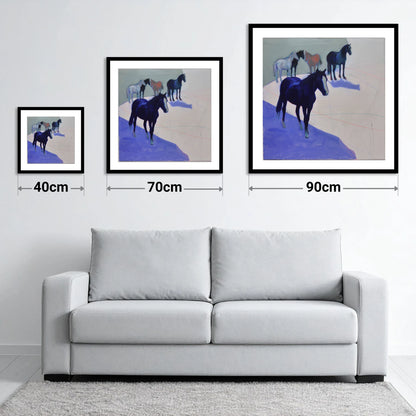 Abstract Herd in Blue - size guide showing 40cm, 70cm and 90cm art prints