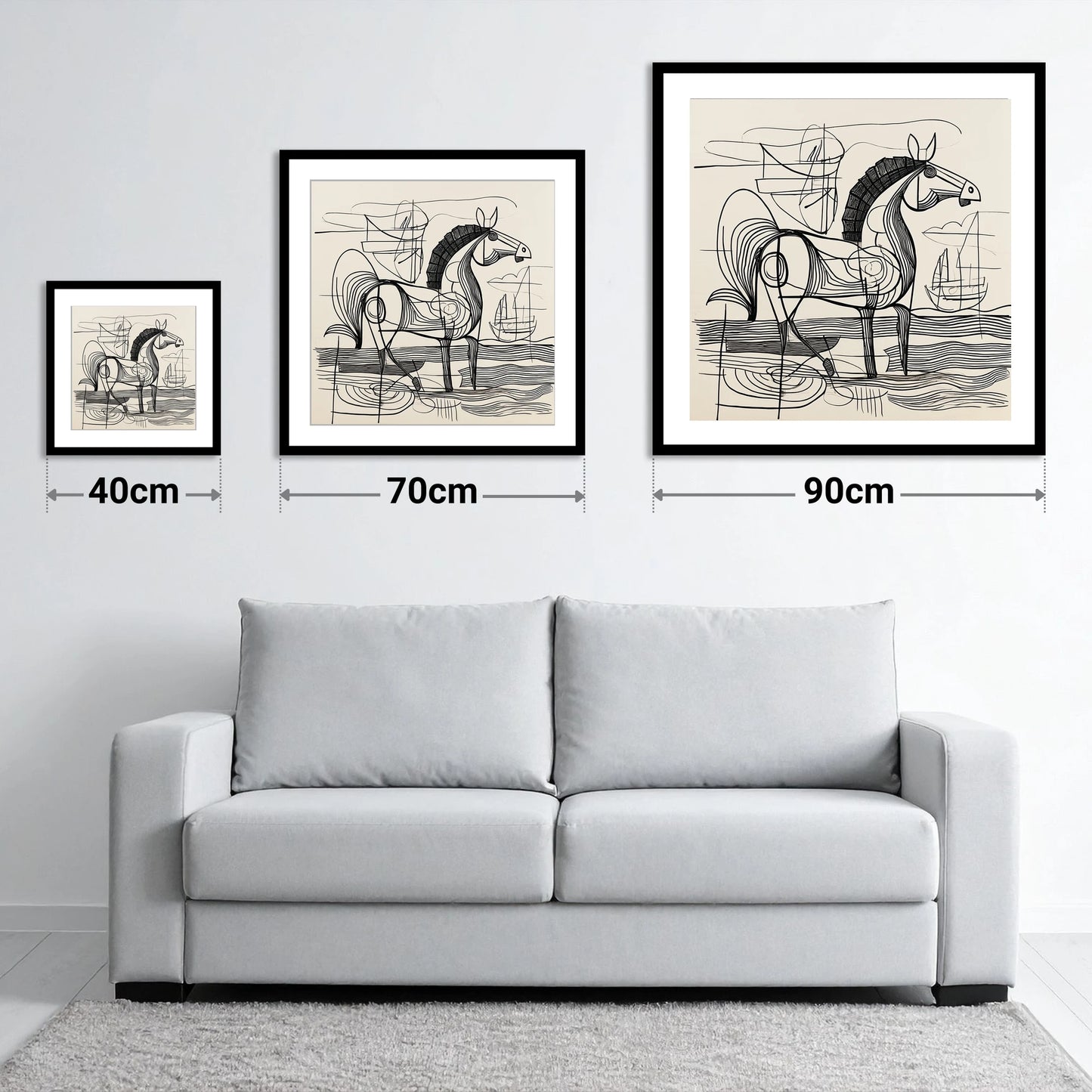 Abstract Coastal Equine - size guide showing 40cm, 70cm and 90cm art prints
