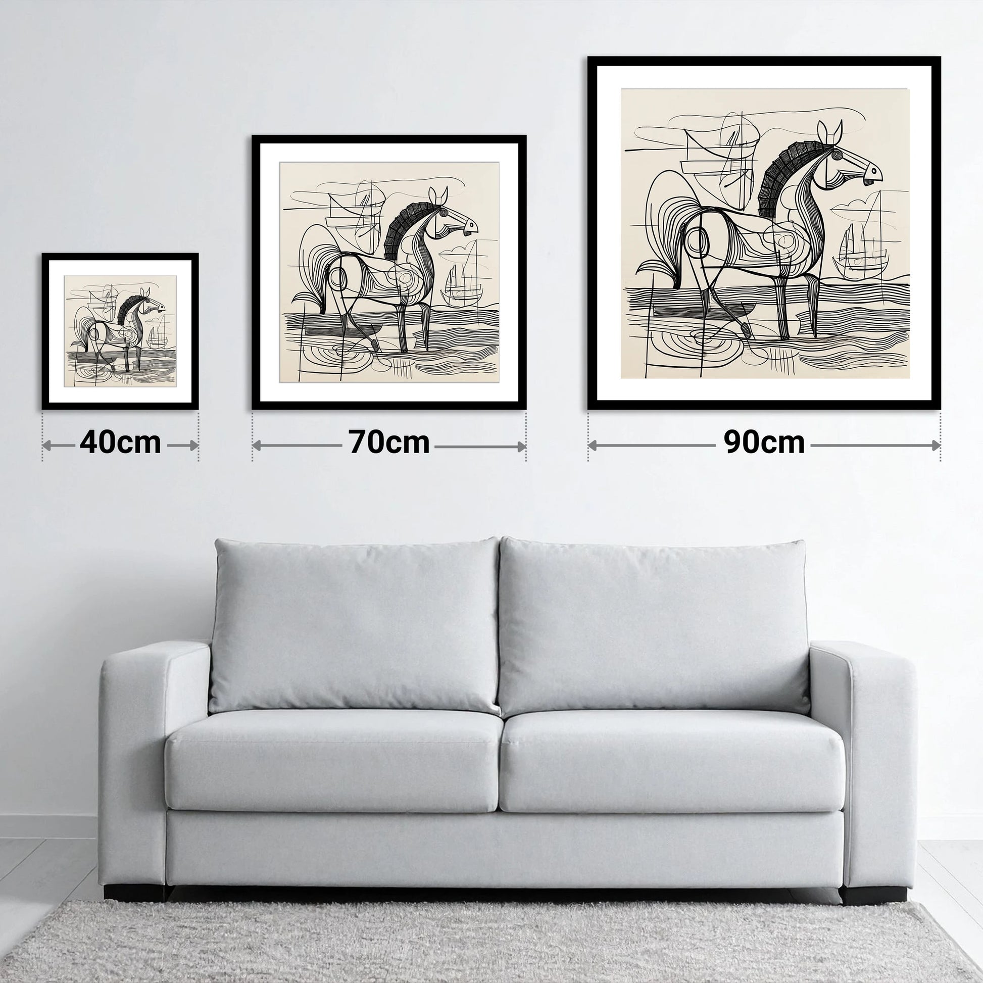 Abstract Coastal Equine - size guide showing 40cm, 70cm and 90cm art prints