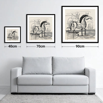 Abstract Coastal Equine - size guide showing 40cm, 70cm and 90cm art prints