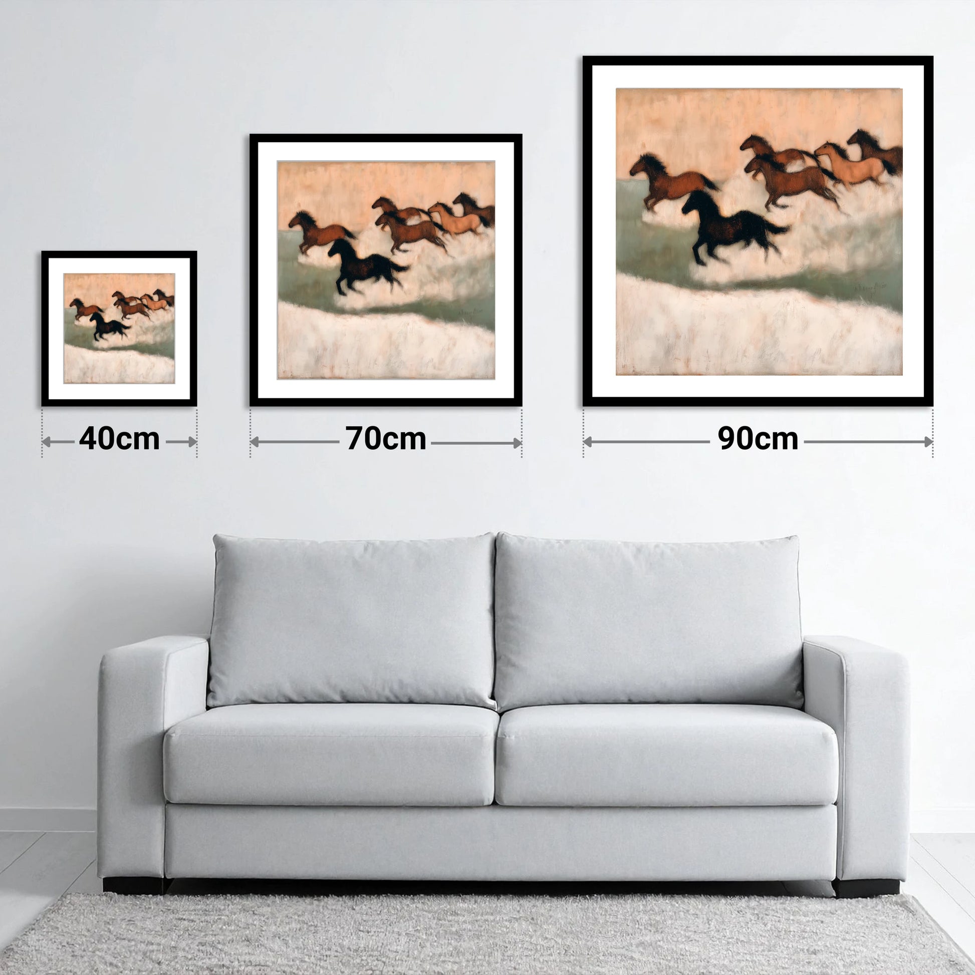 Through the Winter Haze - size guide showing 40cm, 70cm and 90cm art prints