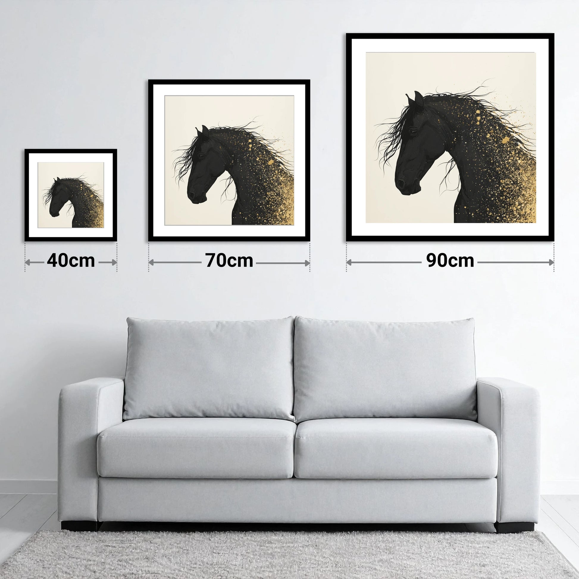 Gilded Midnight - size guide showing 40cm, 70cm and 90cm art prints