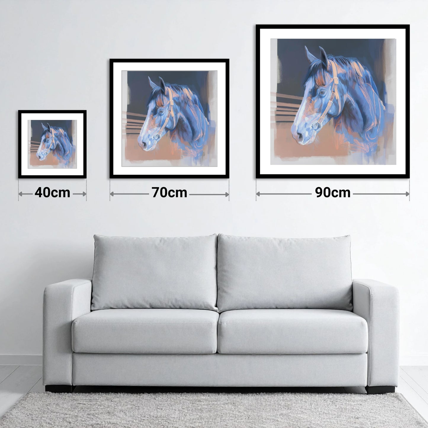 Serene Blue Profile - size guide showing 40cm, 70cm and 90cm art prints
