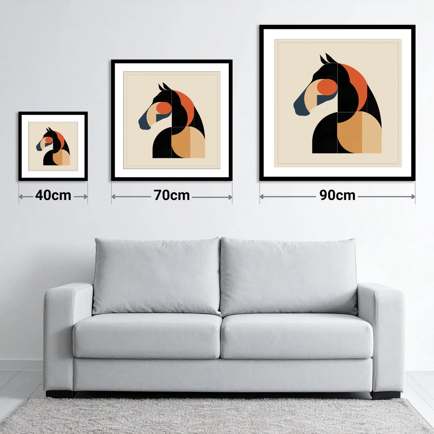 The Modernist Profile - size guide showing 40cm, 70cm and 90cm art prints