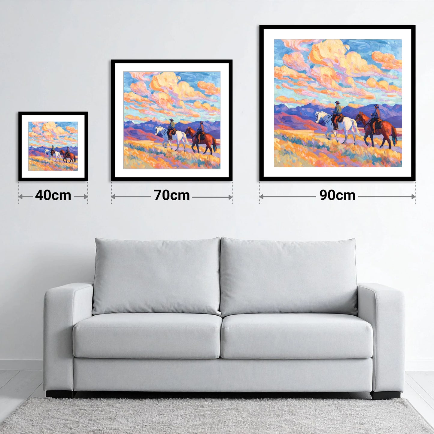 Painted Horizon Riders - size guide showing 40cm, 70cm and 90cm art prints