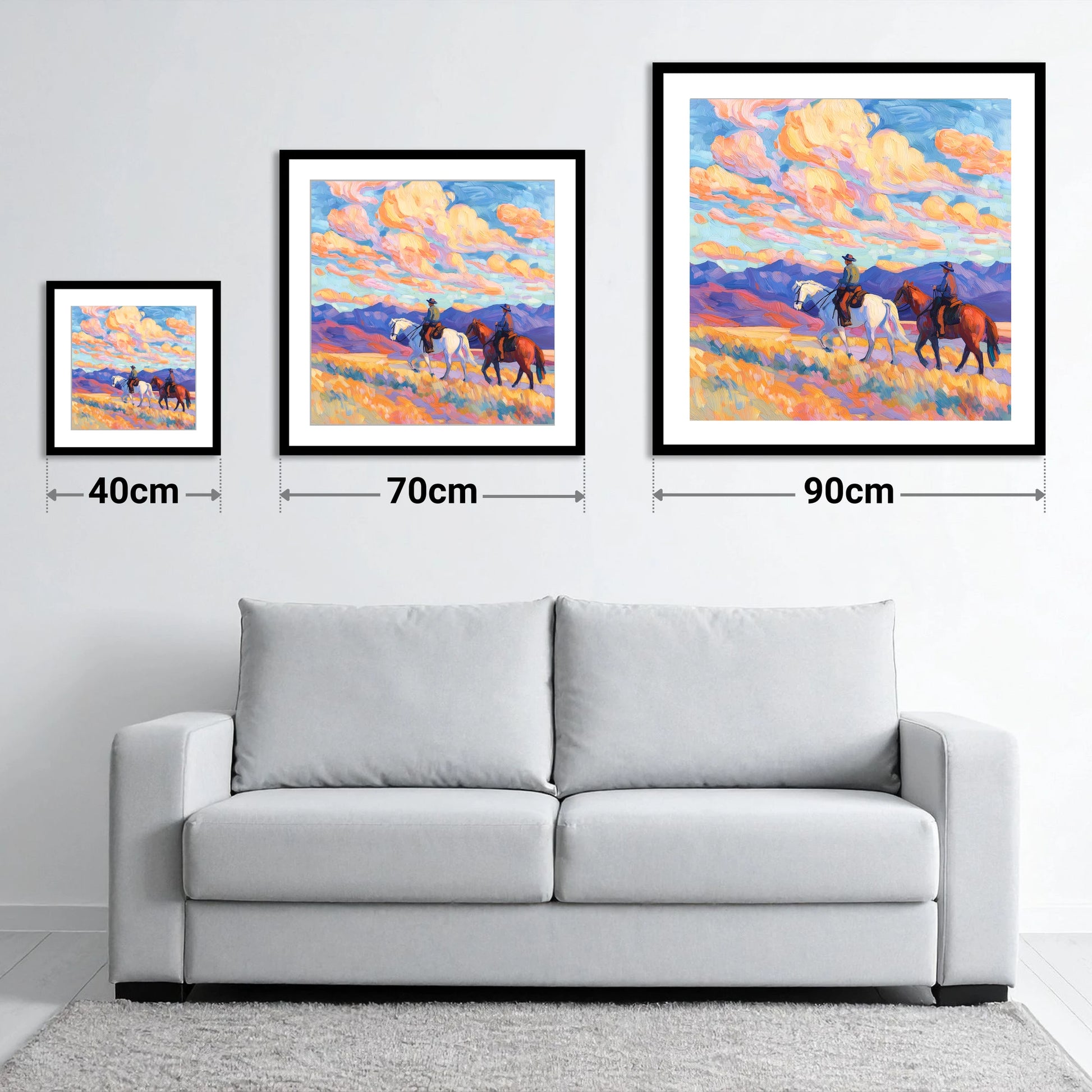 Painted Horizon Riders - size guide showing 40cm, 70cm and 90cm art prints