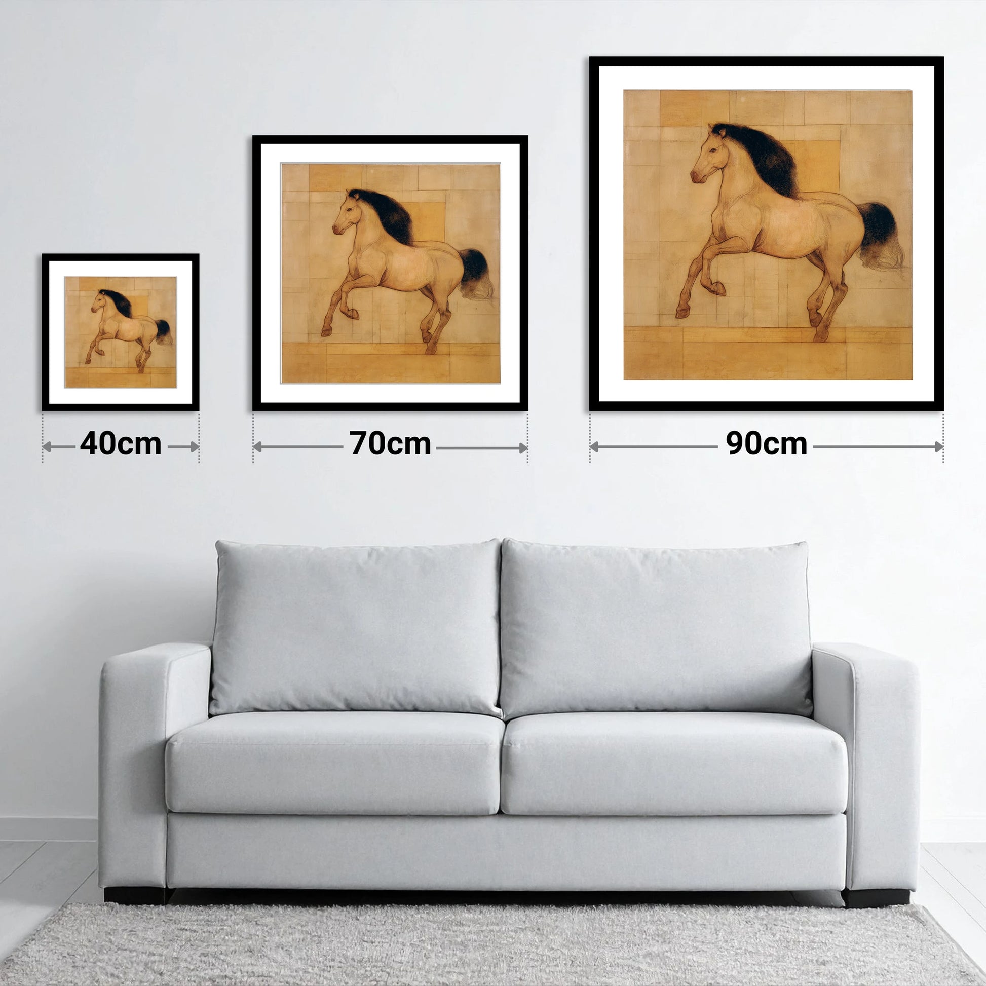 Classical Equine Study - size guide showing 40cm, 70cm and 90cm art prints