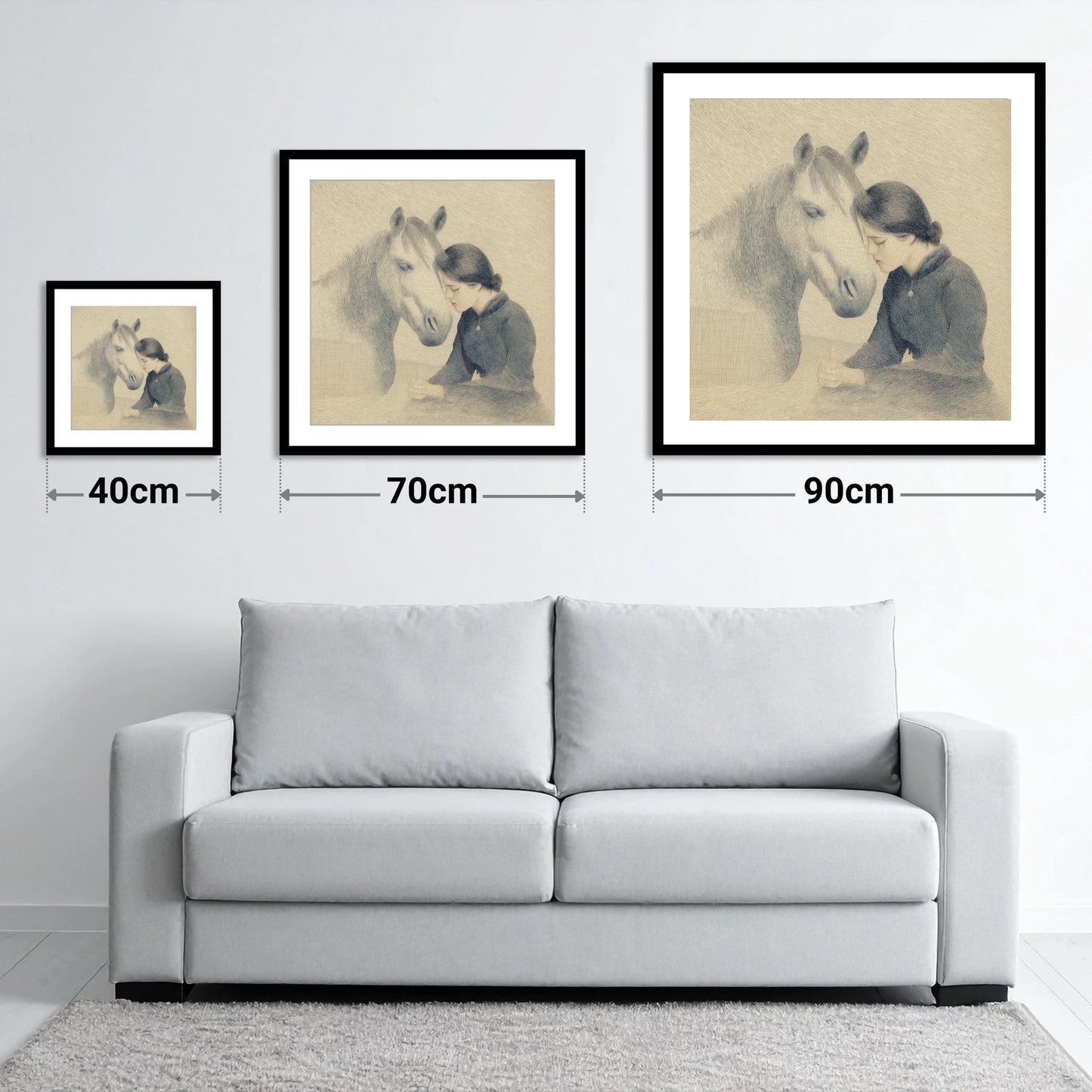 The Silent Bond - size guide showing 40cm, 70cm and 90cm art prints