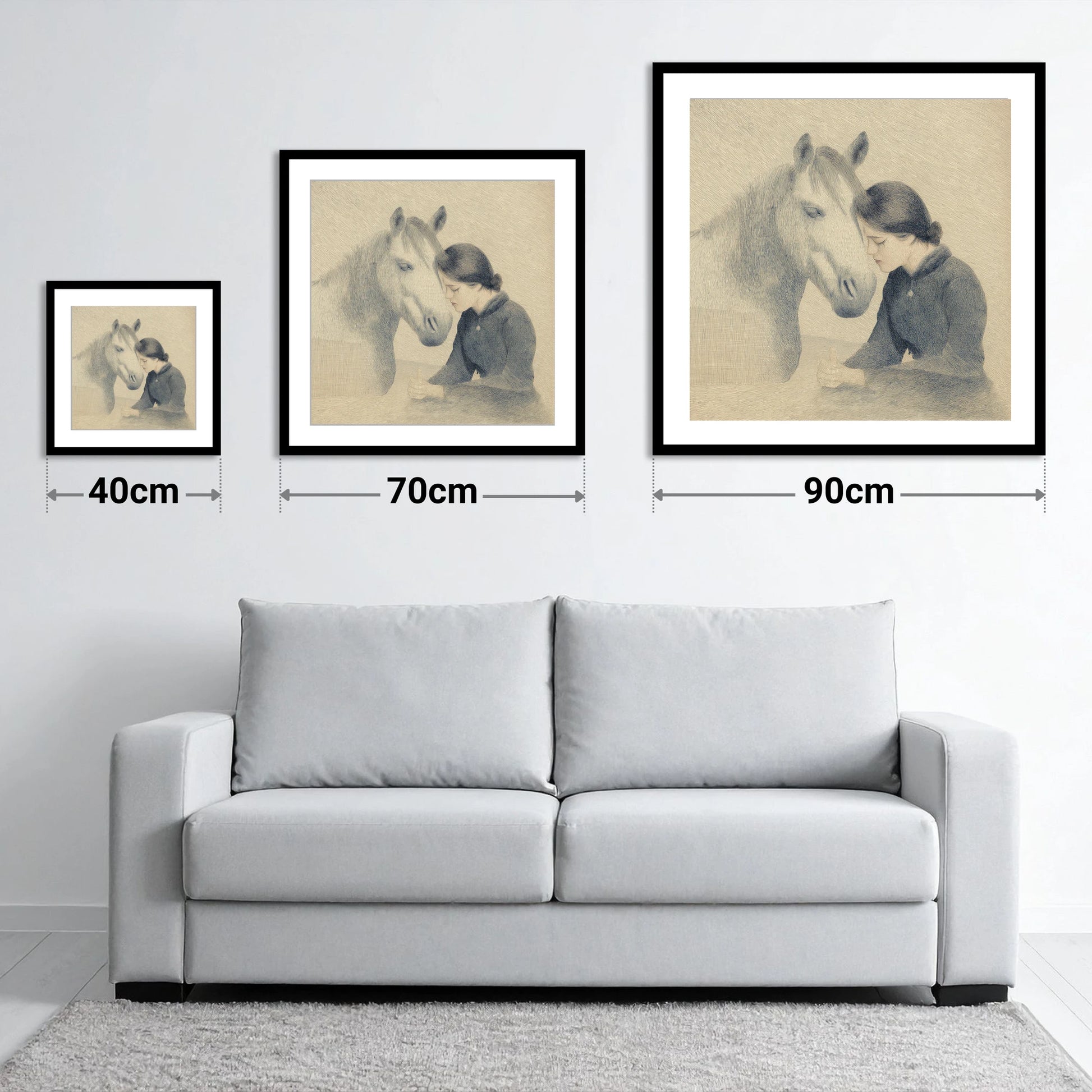 The Silent Bond - size guide showing 40cm, 70cm and 90cm art prints