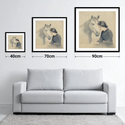 The Silent Bond - size guide showing 40cm, 70cm and 90cm art prints
