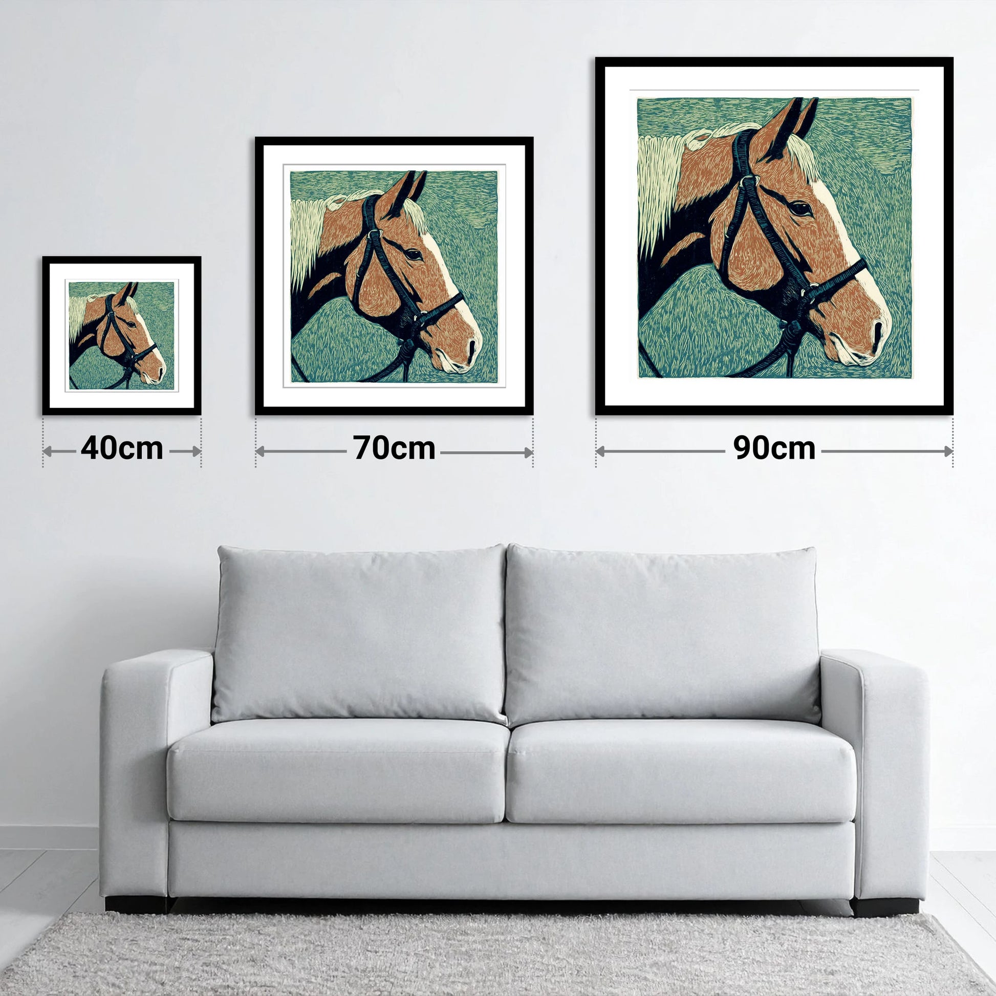 Bold Chestnut Profile - size guide showing 40cm, 70cm and 90cm art prints