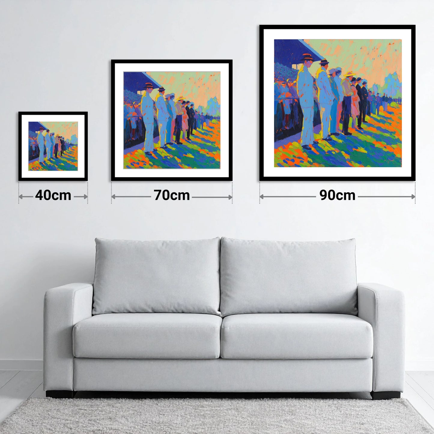 Trackside Anticipation - size guide showing 40cm, 70cm and 90cm art prints
